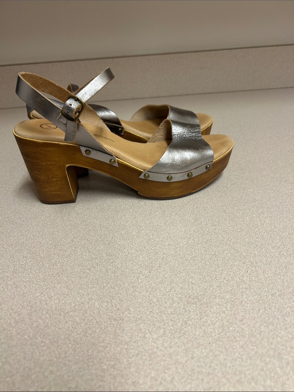 Unity in Diversity Silver Metallic Leather Wedge Sandals with Wood-Look Platform